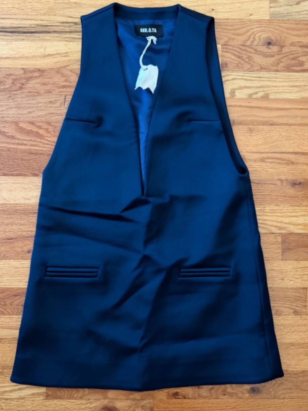 SER.O.YA Navy Deep-V Satin Mini Dress